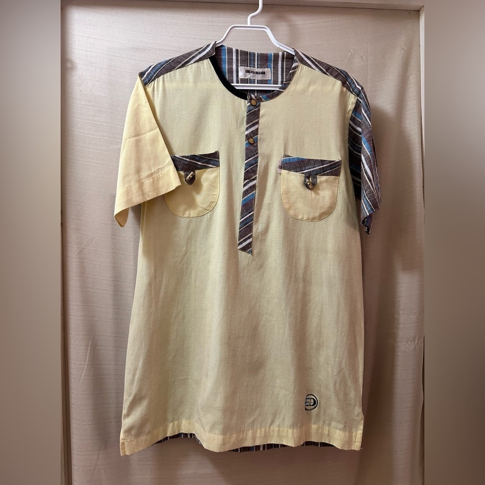 Vintage Y2K Men’s Color Block Striped Pocket Shirt Boho Indie Festival Large